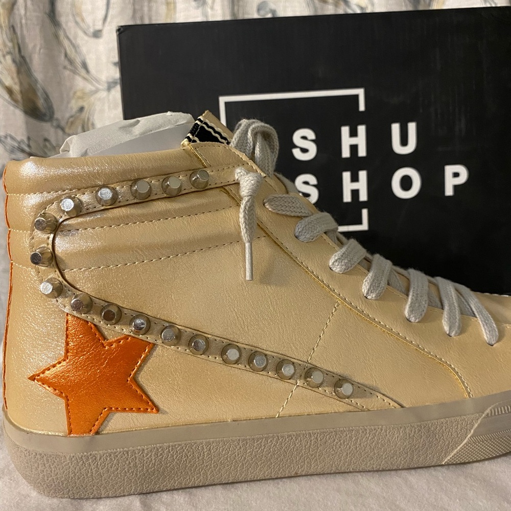 ShuShop Women's Champagne and Orange studded High-Top Sneakers